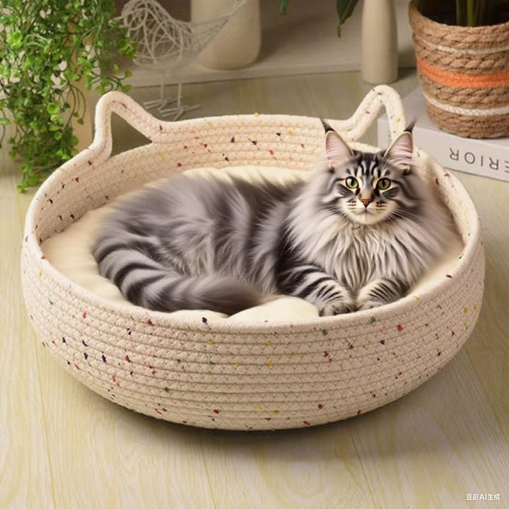 Katzenbett Waschbar, Katzenkorb zum Schlafen aus Baumwollseilen, Rund Katzenkörbchen Baumwollekissen