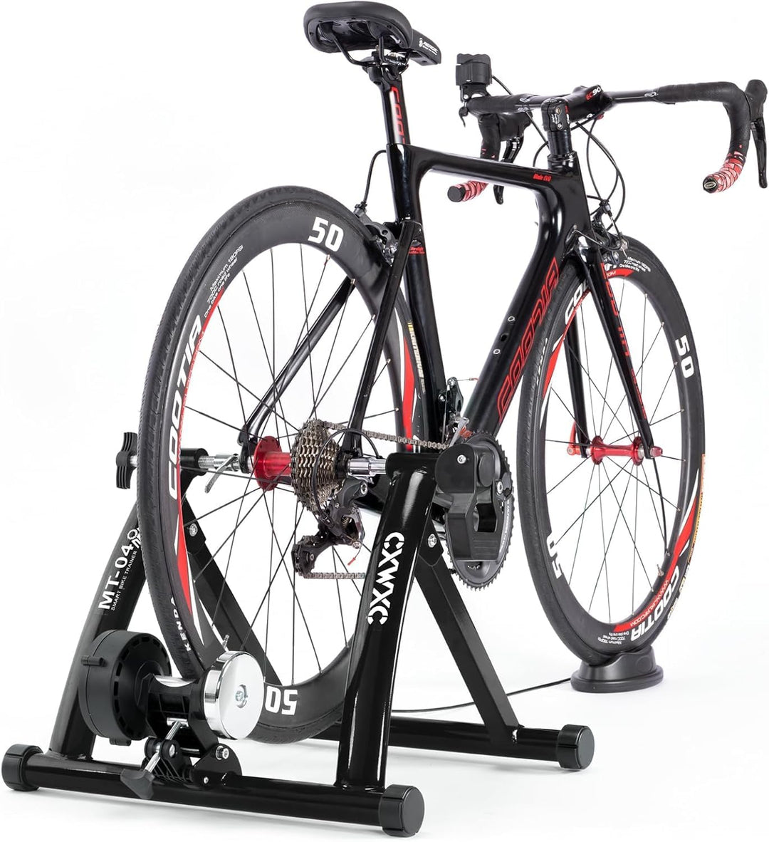 CXWXC Fahrrad Rollentrainer, Klappbar Stahl Bike Trainer mit Schnellspanner Vorderradunterlage Radtr