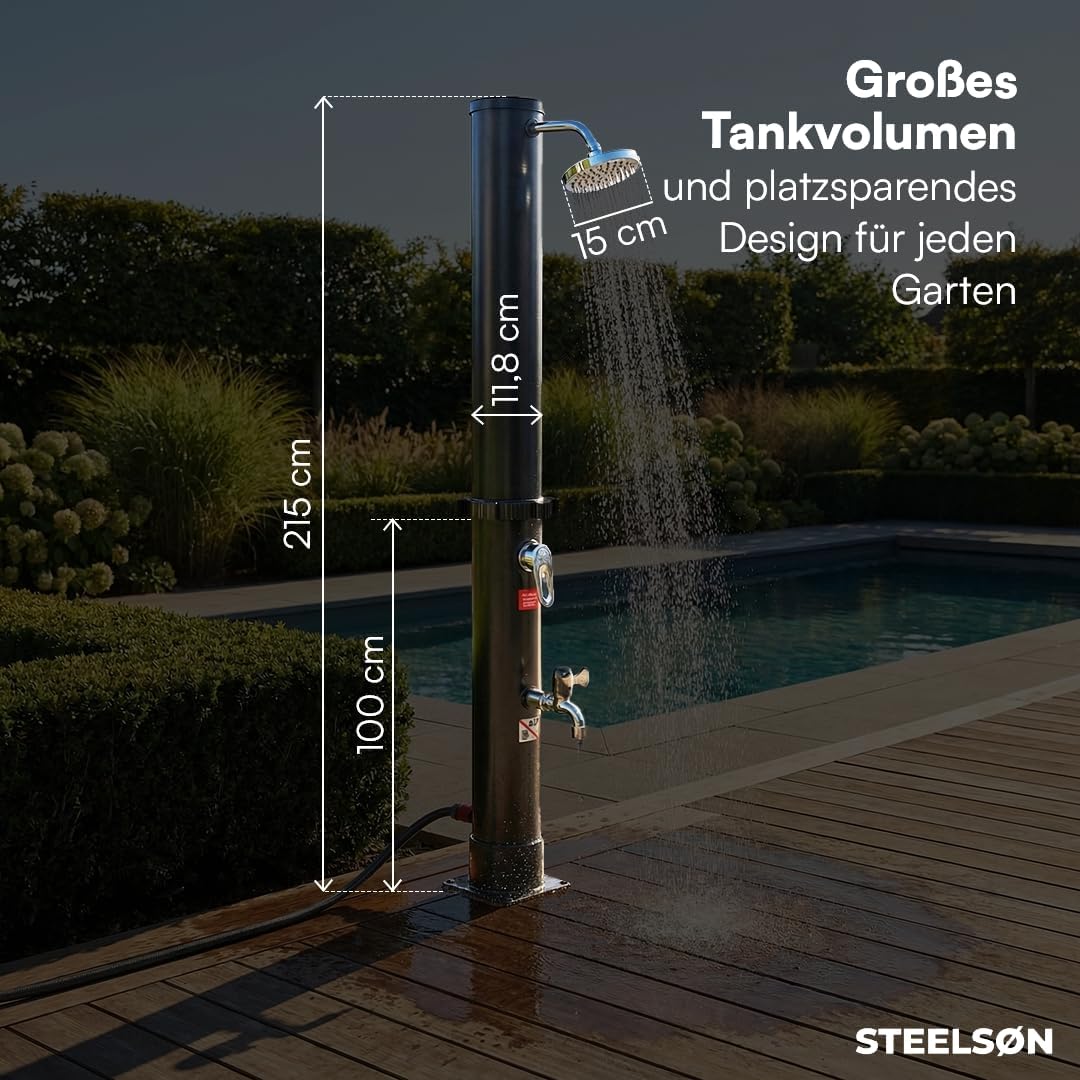 STEELSØN Velion Solardusche Garten 20L – Solar Gartendusche Winterfest – Aussendusche 60° schwarz –