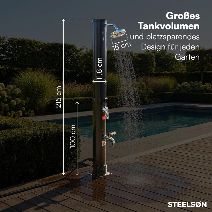 STEELSØN Velion Solardusche Garten 20L – Solar Gartendusche Winterfest – Aussendusche 60° schwarz –