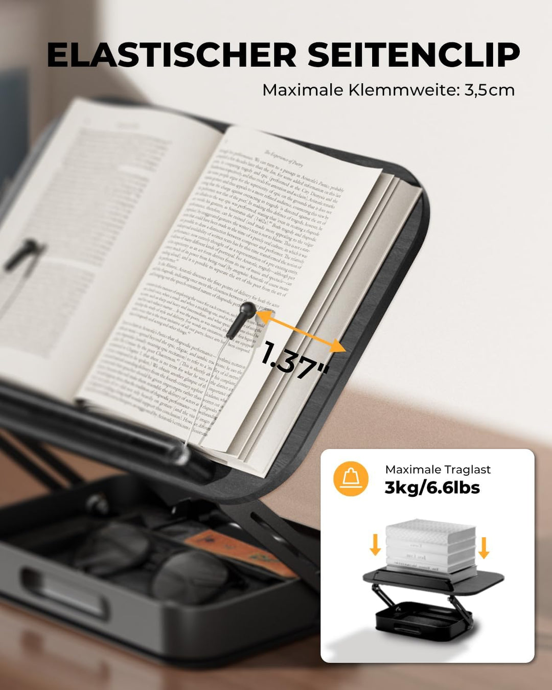 SupeDesk Buchständer Holz mit praktischem Stauraum, 360° drehbarer Buchhalter Leseständer, höhenvers