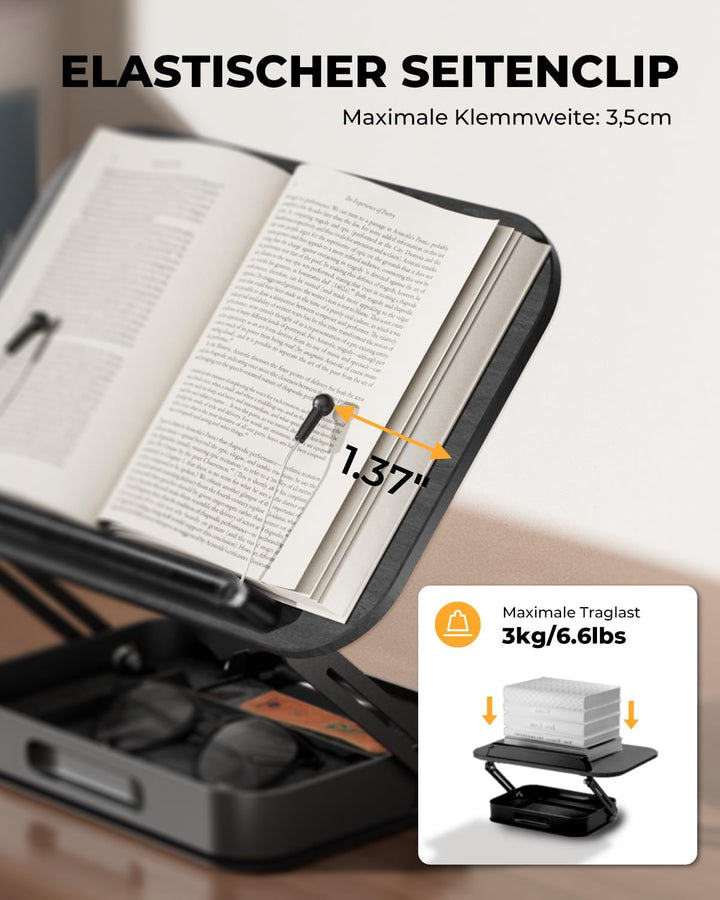 SupeDesk Buchständer Holz mit praktischem Stauraum, 360° drehbarer Buchhalter Leseständer, höhenvers