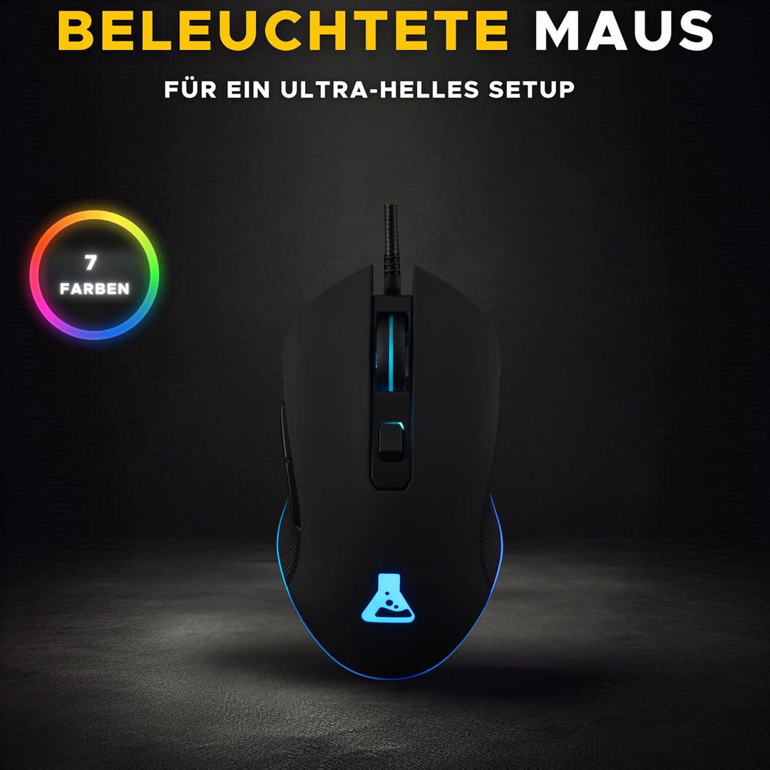 THE G-LAB Kult Helium USB-Gamer-Maus mit Kabel - Optischer Sensor mit 800 bis 6400 DPI, 7-farbige LE
