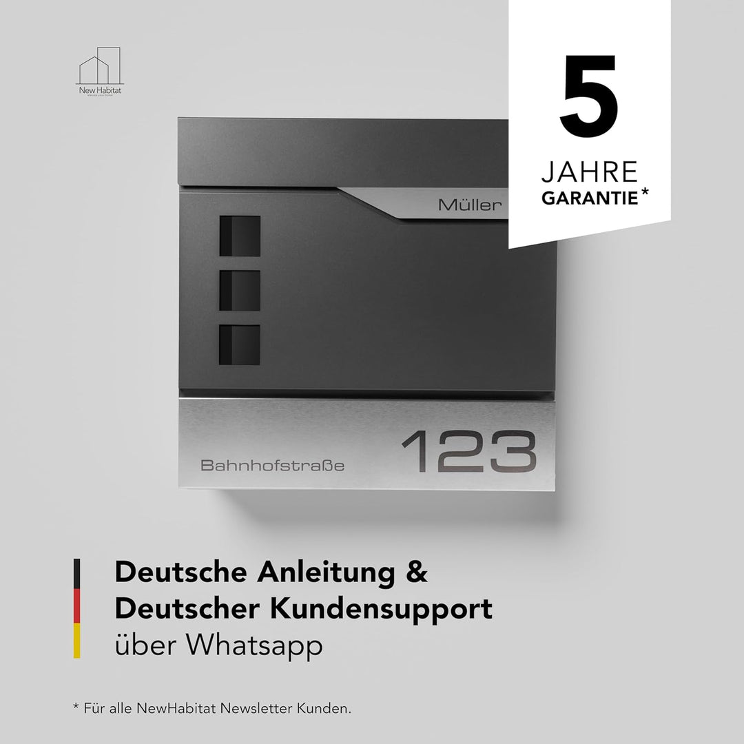 Moderner Briefkasten Personalisierbar Oslo Anthrazit RAL7016 - mit Zeitungsfach - Wandbriefkasten mi