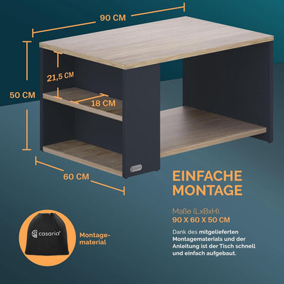 Casaria® Couchtisch Grau Holz mit Stauraum 2 Fächer 90x59x48cm Kratzfest 50kg Belastbar Rechteckig A