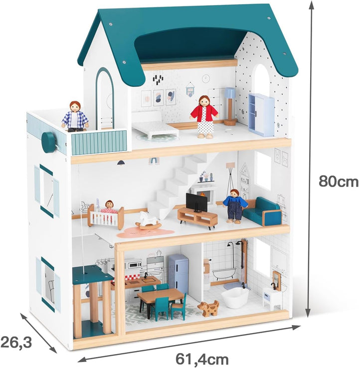 OOOK Puppenhaus Holz mit Hebbarer Aufzug, Puppenhaus Gross ab 3 Jahren Mädchen, Doll House for Girls