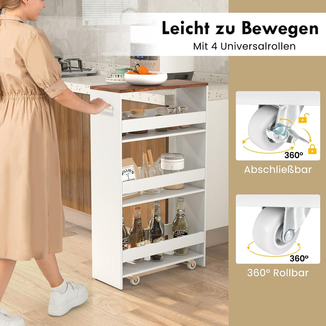 COSTWAY Nischenwagen 20cm breit, 4 Etagen Küchenwagen schmal, Nischenregal auf Rollen, Servierwagen