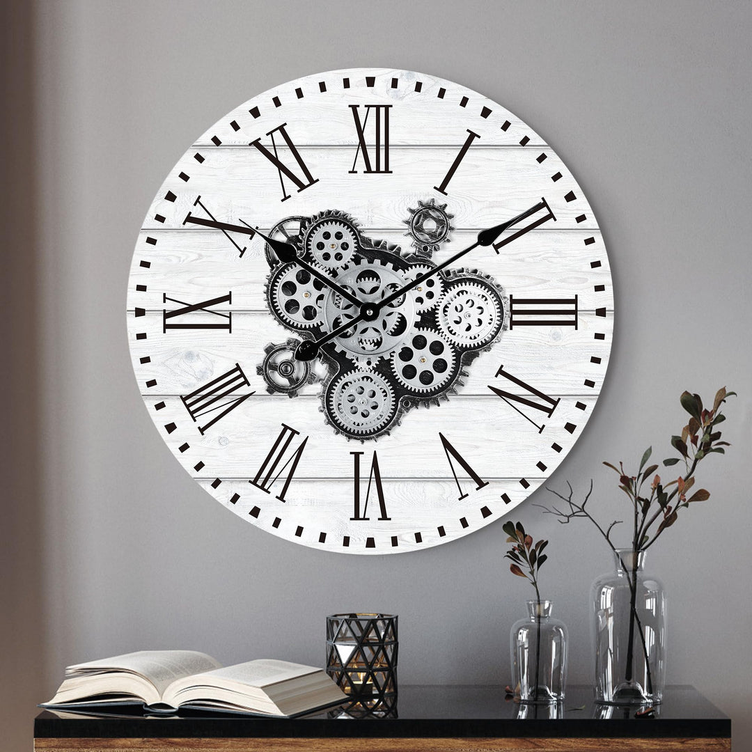 Lafocuse Weiss Wanduhr Gross mit Beweglichen Zahnrädern Industrial Steampunk XXL Holz Vintage Retro
