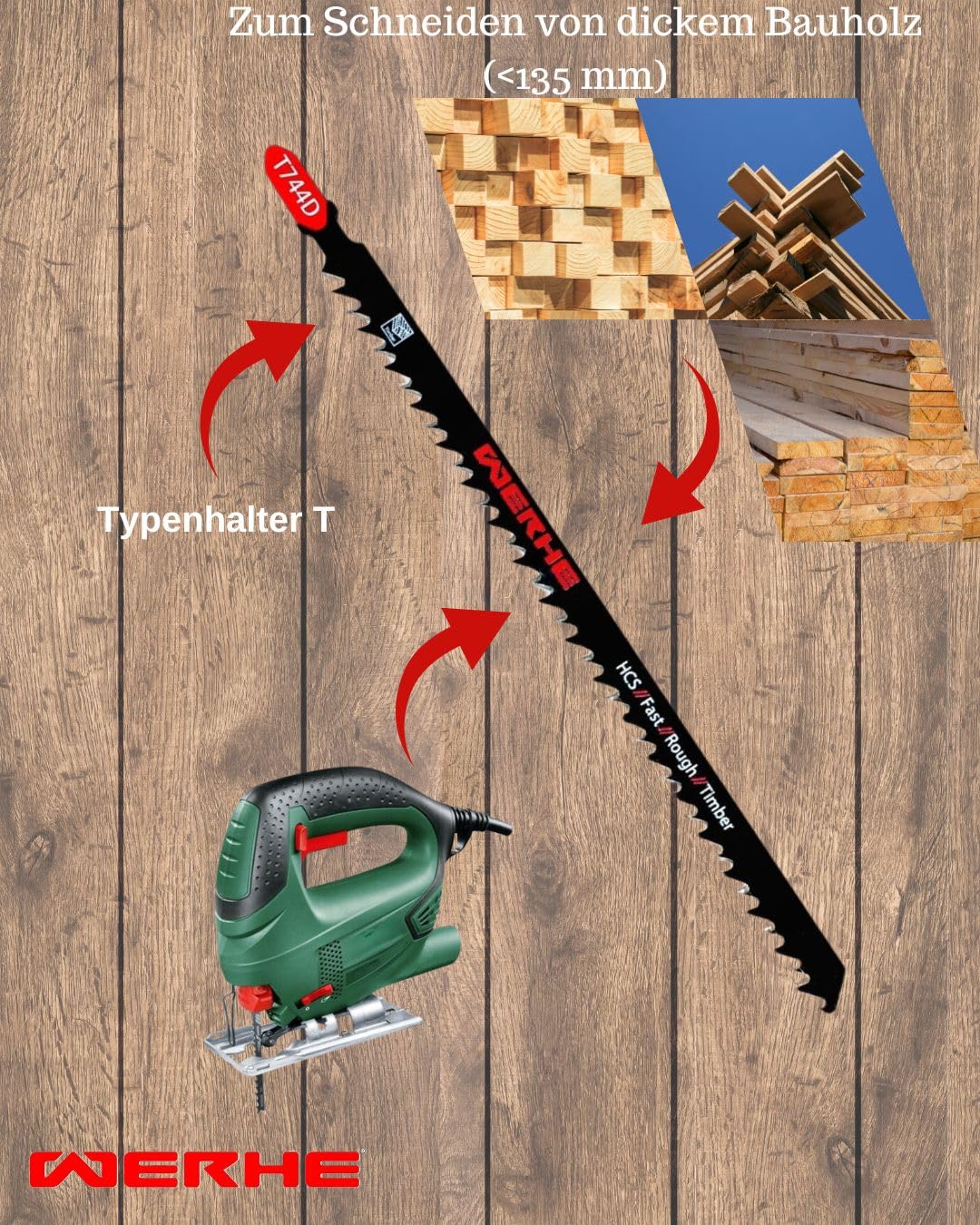WERHE ® Profi – 10 x Holz Stichsägeblätt – C 180mm T744D Extra Lang – Schnelles Schneiden dicker Sch