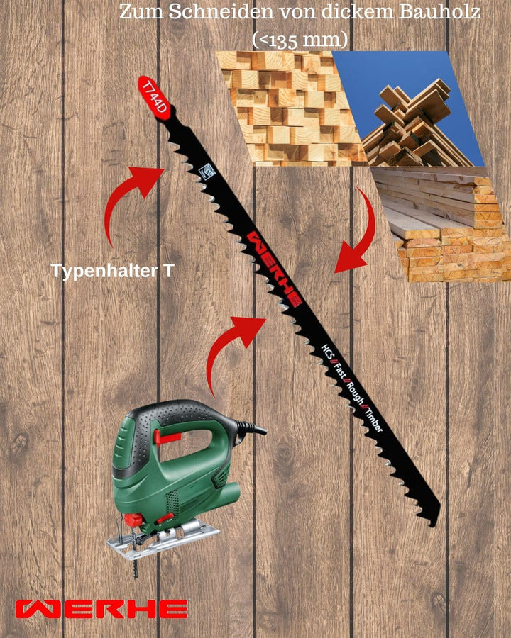 WERHE ® Profi – 10 x Holz Stichsägeblätt – C 180mm T744D Extra Lang – Schnelles Schneiden dicker Sch