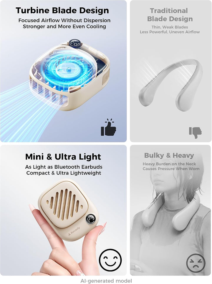 Aecooly Mini Tragbarer Nackenventilator, Starker magnetischem Design | Halsventilator mit LED-Anzeig
