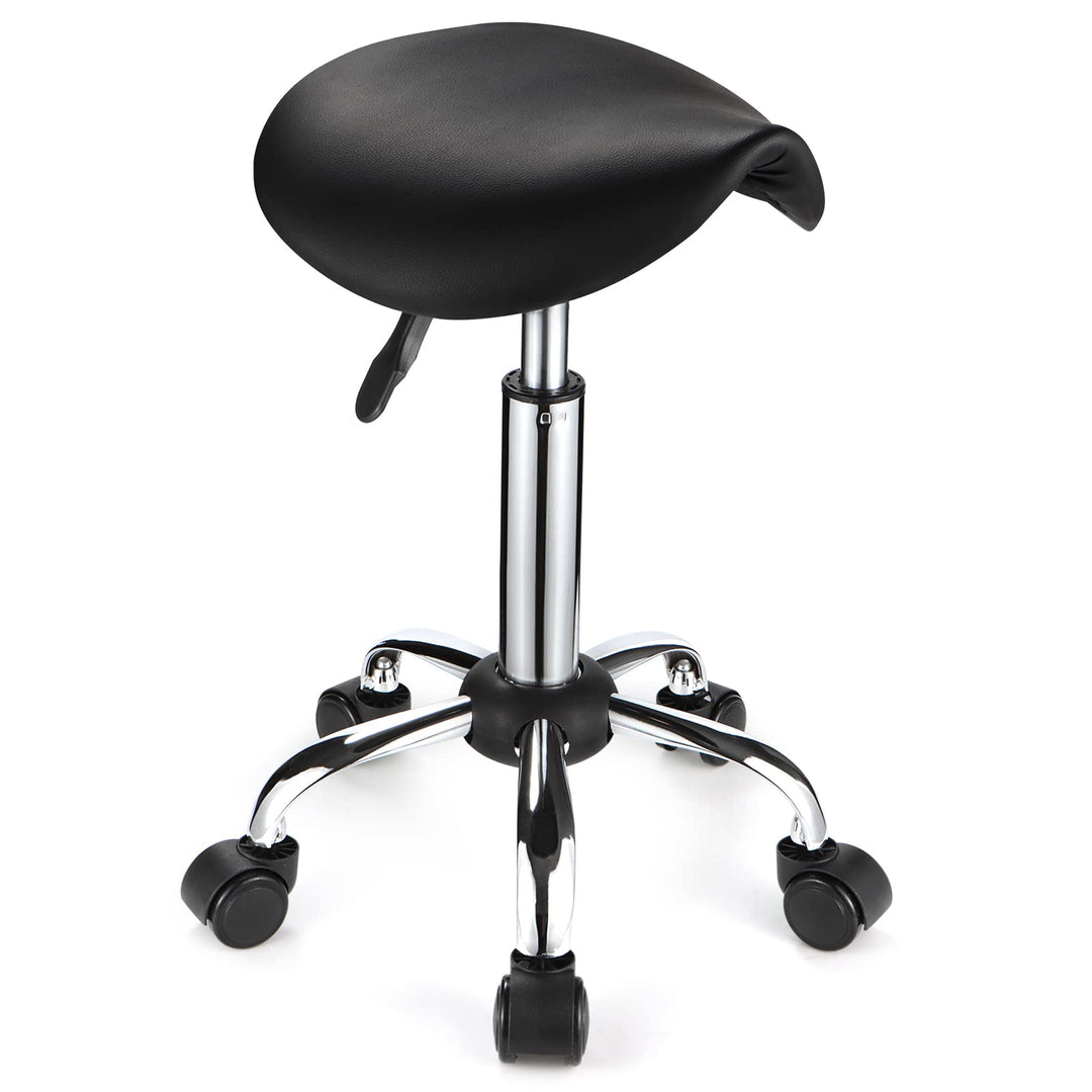 FNZIR Sattel Rollhocker mit Rädern PU Leder Höhenverstellbare Drehhocker Stuhl Schwarz