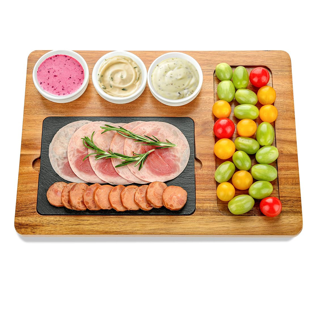 Servierplatte aus Akazienholz mit 3 Keramikschale, Rustikale Käseplatte, Steakplatte, Grillplatte, S