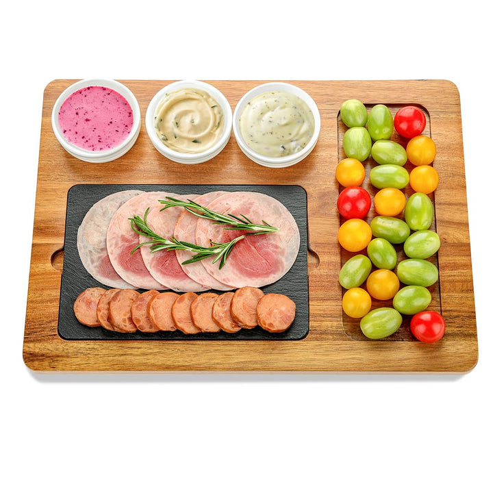 Servierplatte aus Akazienholz mit 3 Keramikschale, Rustikale Käseplatte, Steakplatte, Grillplatte, S