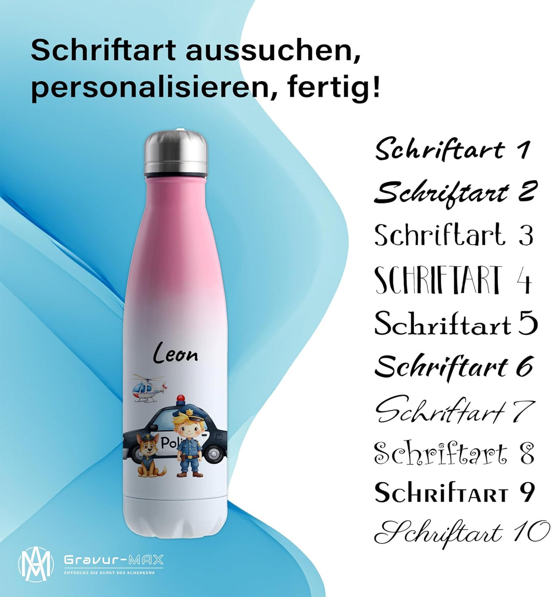 Trinkflasche Edelstahl 500 ml personalisiert - "Polizei" – doppelwandige Thermosflasche hält 13 h wa