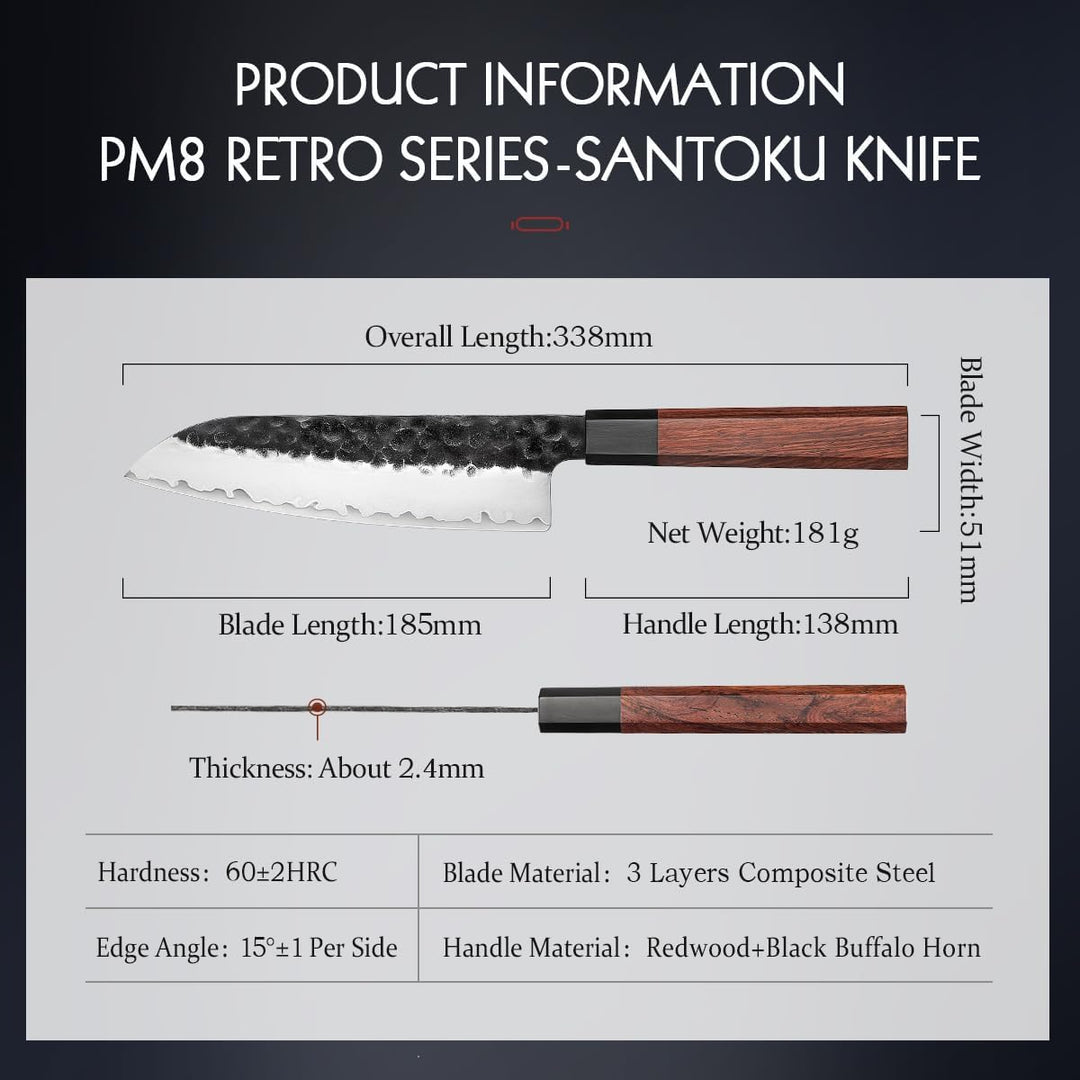 HEZHEN 18,5cm Santoku Messer, Verkleideter Stahl Kochmesser, Geschmiedet Japanischer Stil Gyuto Mess