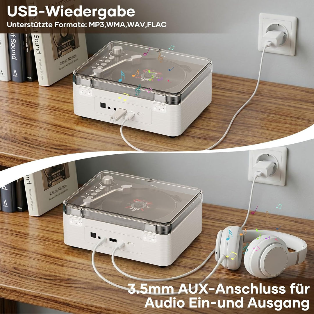 Tragbarer Bluetooth CD Player mit Fernbedienung - Timzeit Weisse Retro CD Spieler mit HiFi-Sound Lau