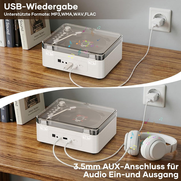 Tragbarer Bluetooth CD Player mit Fernbedienung - Timzeit Weisse Retro CD Spieler mit HiFi-Sound Lau