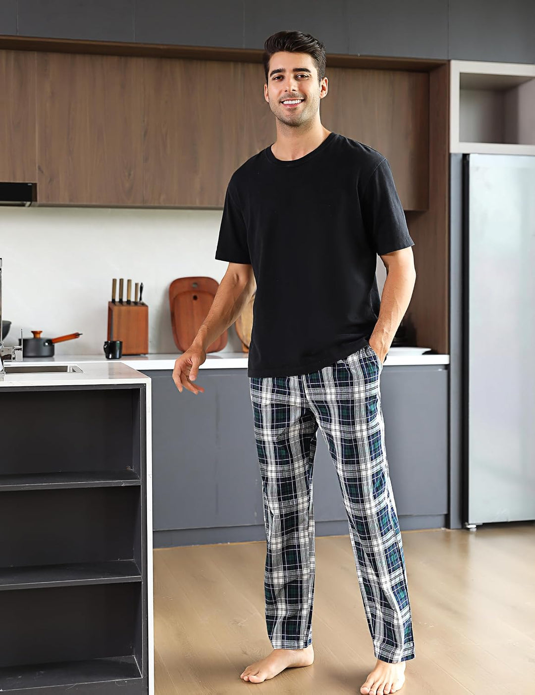 Aseniza Herren Schlafanzughose Lang Baumwolle Karierte Schlafhose Pyjamaunterteil Pyjamahose Freizei