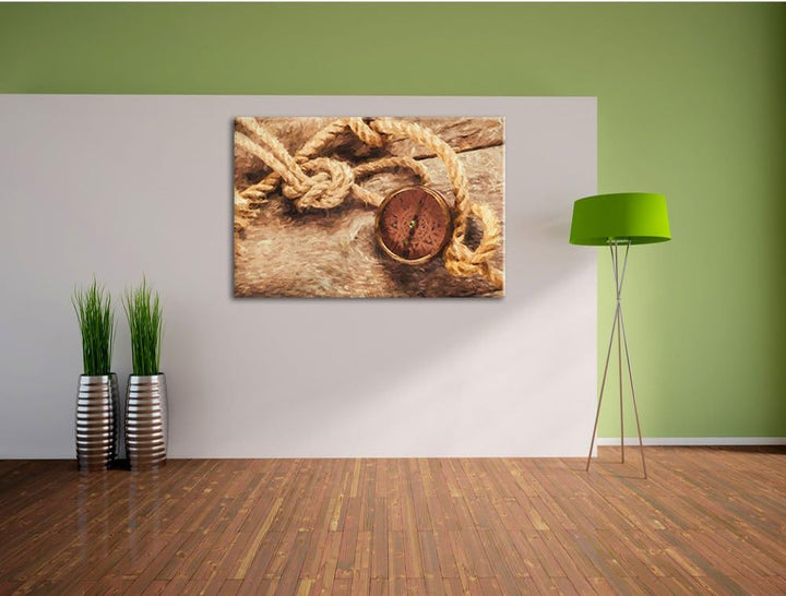 Pixxprint Schiffseil und Kompass auf Holzuntergrund Kunst Pinsel Effekt, Format: 100x70 auf Leinwand