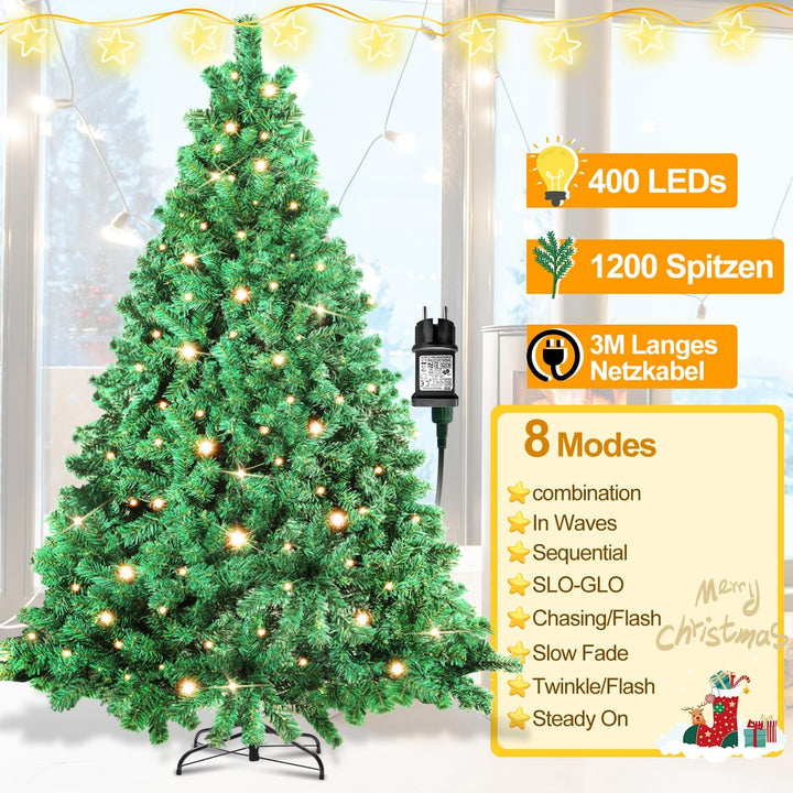 Künstlicher Weihnachtsbaum mit Beleuchtung, 210cm LED Tannenbaum mit Metallständer 400 Warmweissen L