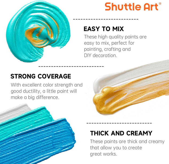 Shuttle Art Metallic Acrylfarben Set, 30 bunte Acrylfarben Metallic in Flaschen (60 ml), 10 Pinsel,