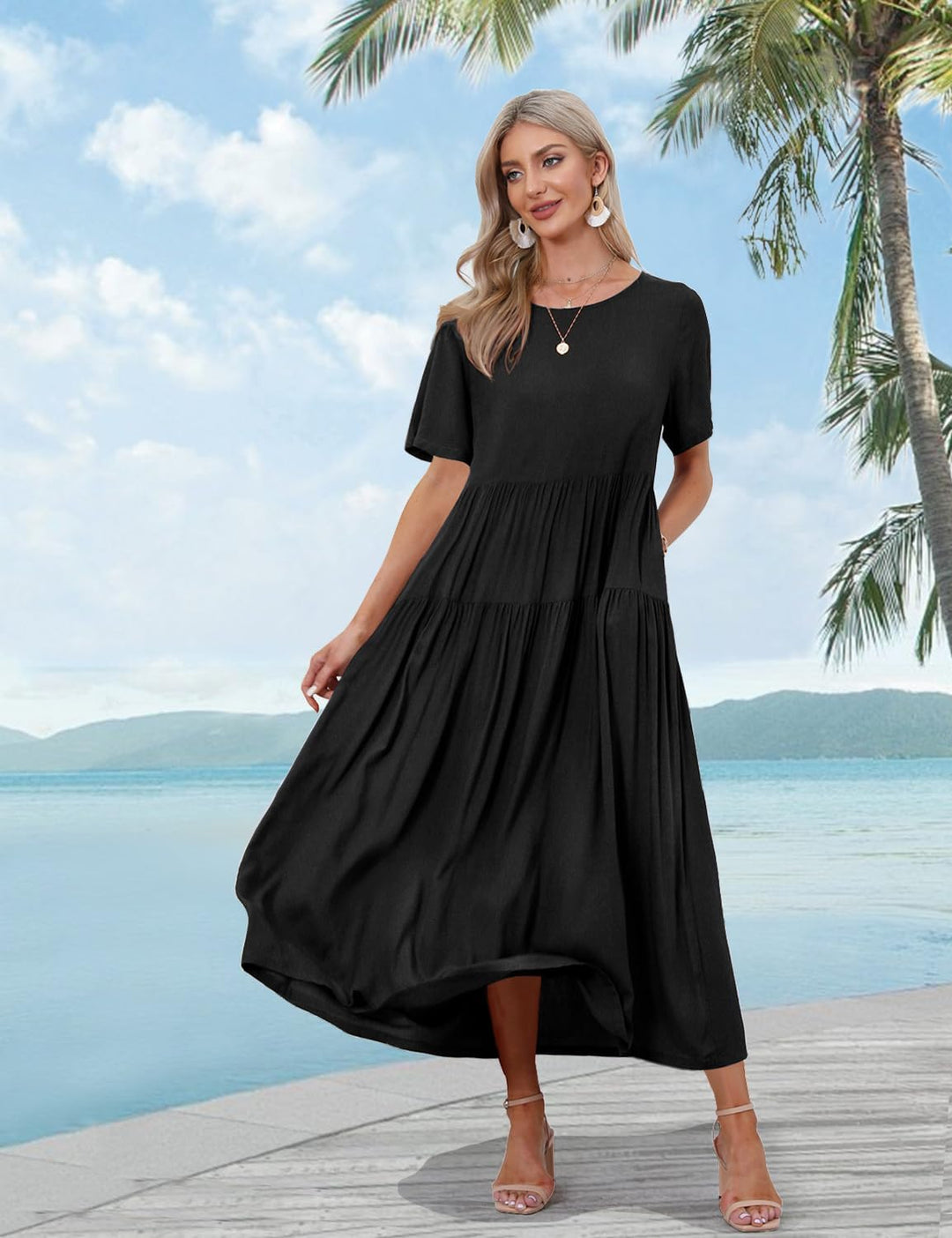 YESNO Damen Kleider Freizeit Lose Sommerkleid Lang Boho Maxikleid für Rundhals Strandkleid Blumenkle