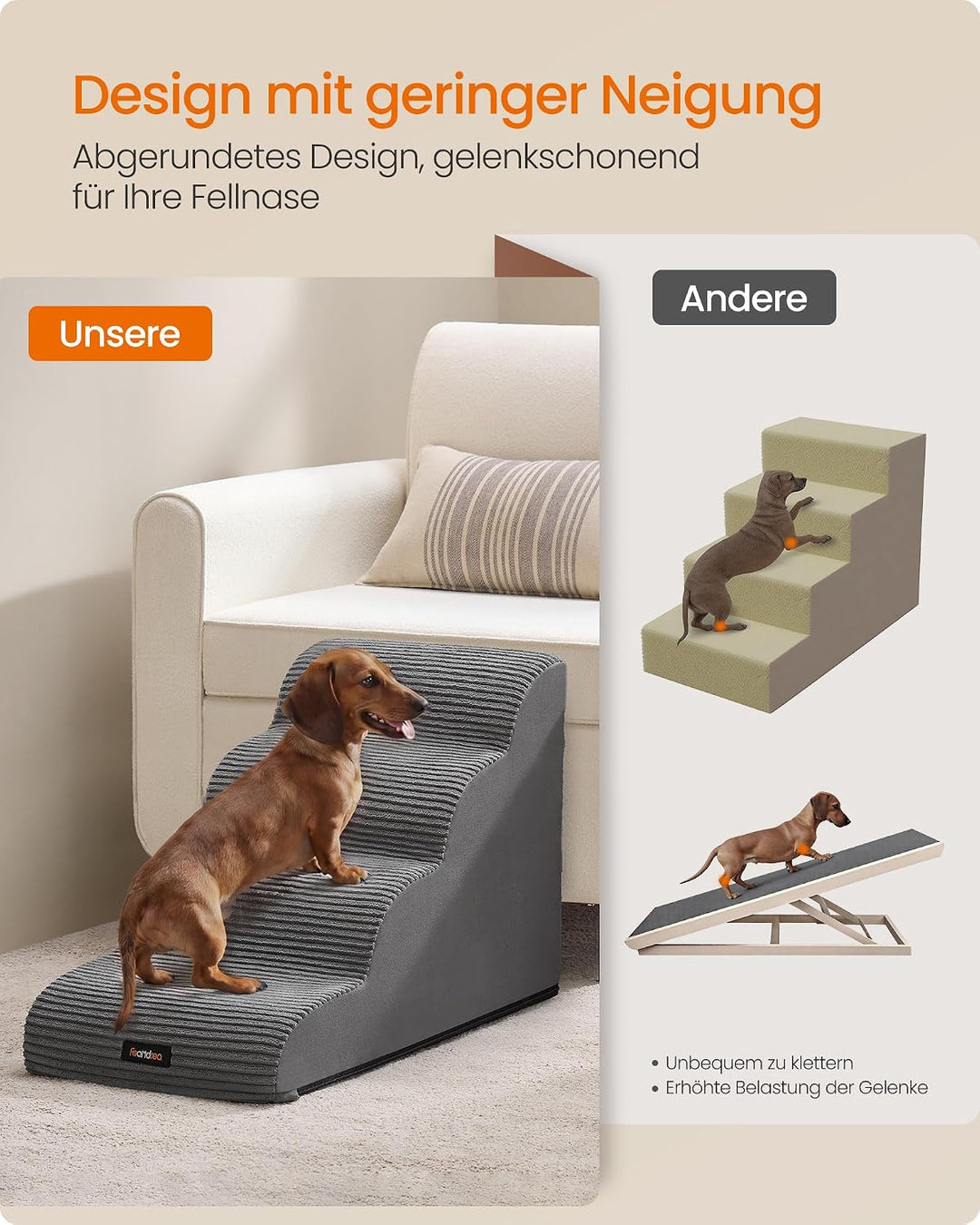 Feandrea Hundetreppe, 4 Stufen, Haustiertreppe, für kleine Hunde, Bett, Sofa, wasserdichte Katzentre