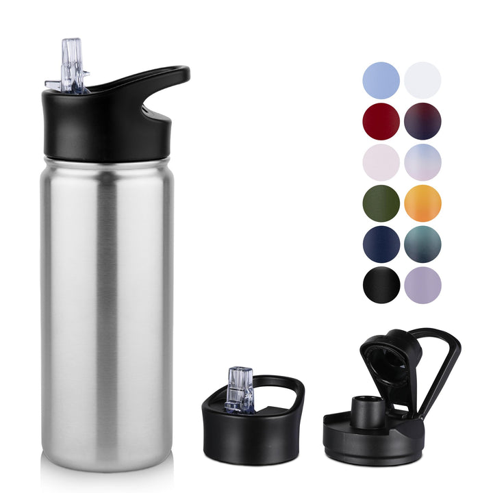 Edelstahl Trinkflasche 500ml (+2 Deckel)-mit Strohhalm,BPA frei,Thermosflasche Auslaufsicher,Kohlens