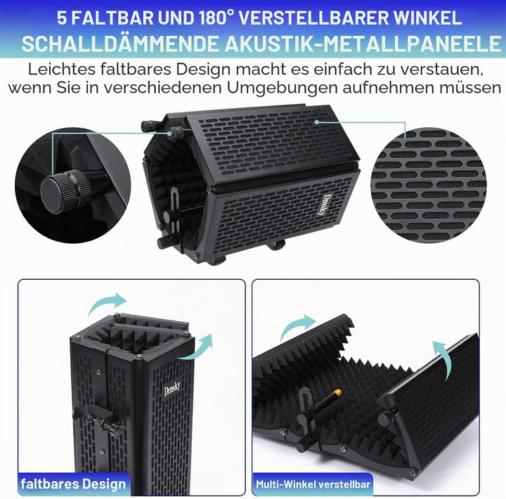 Dmsky Mikrofon-Isolationsschild mit Pop-Filter und Stativständer, faltbarer Mikrofonschutz mit dreif