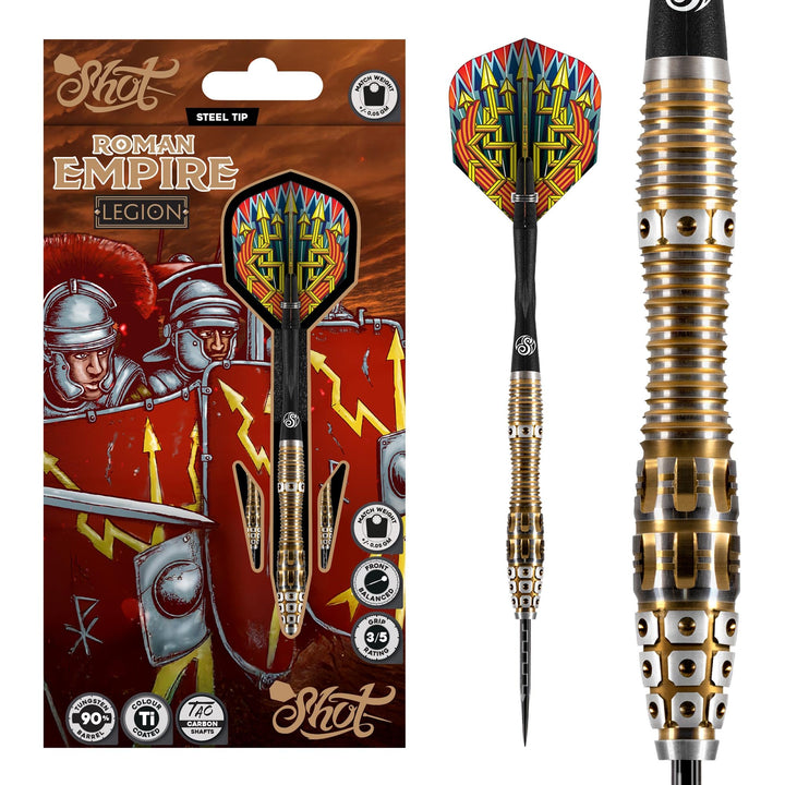Shot! Darts Roman Empire Legion Steel Tip Dart Set Front Weighted 90% Tungsten Barrels 24.0 Gramm, 2