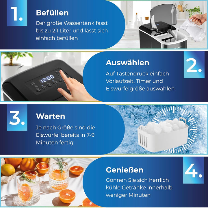 KLAMER Eiswürfelmaschine (2023), 10 Eiswürfel in 7-9 Minuten, 15 kg Eiswürfel pro Tag, 2 Eiswürfelgr