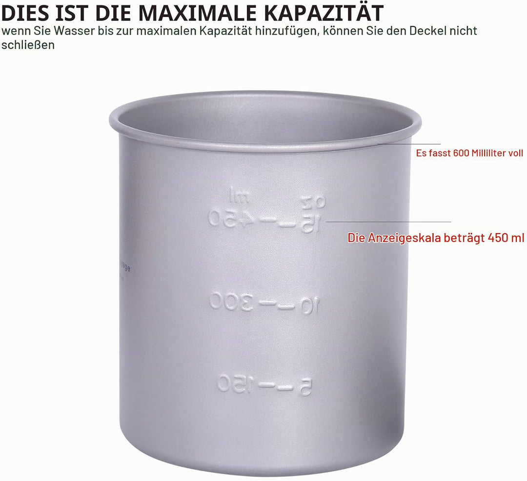 iBasingo 600ml Camping Becher Outdoor Tasse Titan Trinkbecher Mug mit Deckel &amp; Klappgriff Ultraleich