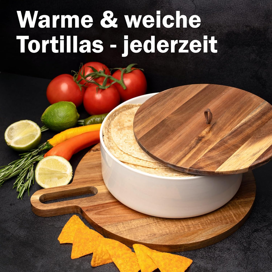 Tortillada - 23,5 cm Tortilla Wärmer mit Holzdeckel, Keramik Tortilla Warmer, Wrap Wärmer - Für Mikr