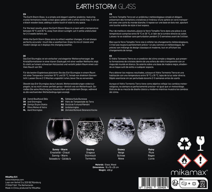 mikamax Earth Storm Glass – Dekoratives Wetterglas mit Weltkarte – Glaskugel mit Holzsockel – Zur An