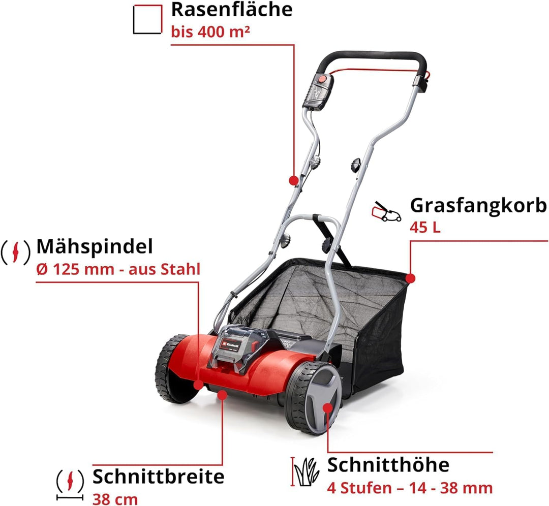 Einhell Akku-Rasenmäher GE-HM 18/38 Li - Solo Power X-Change (Li-ion, 18V, kugelgelagerte Mähspindel