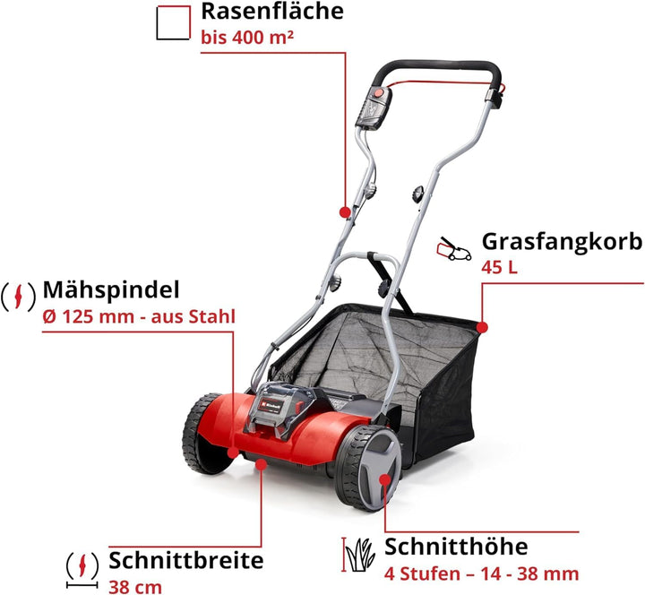 Einhell Akku-Rasenmäher GE-HM 18/38 Li - Solo Power X-Change (Li-ion, 18V, kugelgelagerte Mähspindel