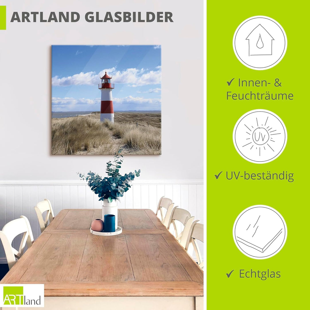 ARTland Glasbilder Wandbild Glas Bild einteilig 50x50 cm Quadratisch Strand Meer Nordsee Leuchtturm