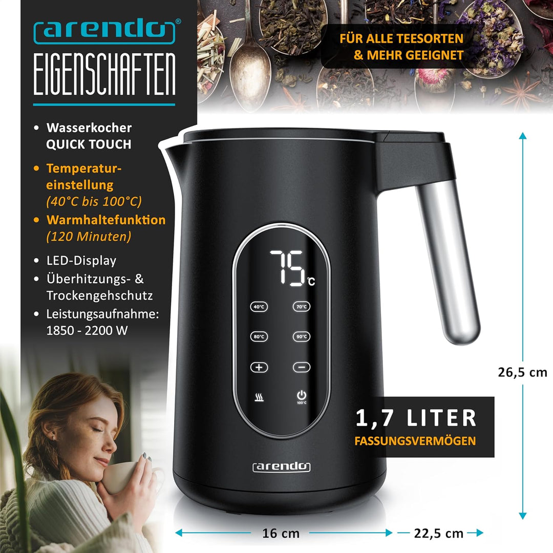 Arendo - digitaler Wasserkocher mit Temperatureinstellung - Edelstahl - Doppelwand Design Cool Touch