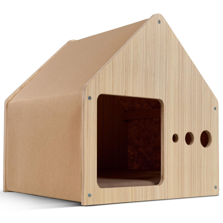 ROODZ 2-in-1 Kratz- & Loungehöhle für Katzen – Echtholz & Kratzvlies – Gemütliche Katzenhöhle Beige,