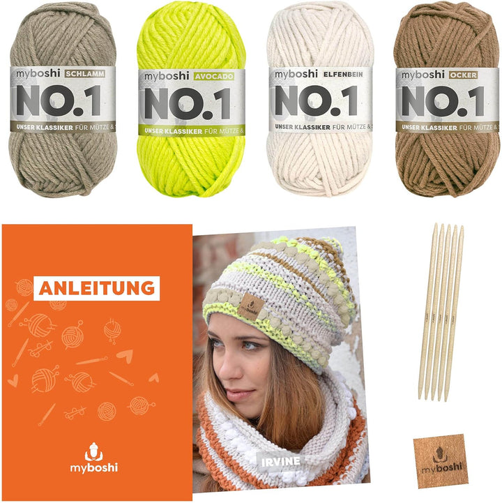 myboshi Strickset Mütze Irvine, Strickpaket für Fortgeschrittene, inkl. No.1 Wolle, Nadel, Anleitung