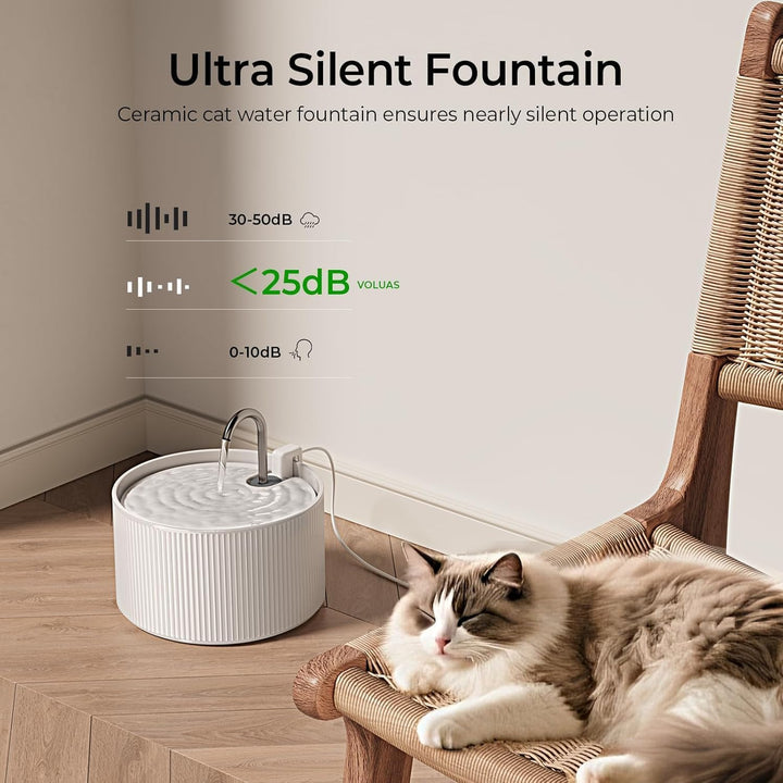 Voluas Keramik Katzenbrunnen 2,2L – Trinkbrunnen Katze mit Ultra-Leiser Pumpe, Leiser Wasserspender