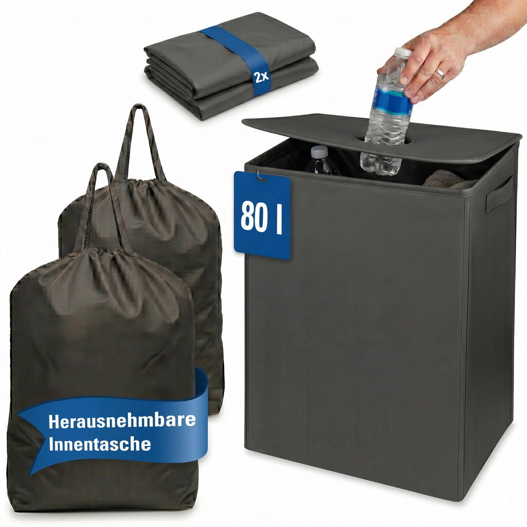 LEFELD Pfandflaschen-Sammelbehälter 80 Liter – mit Deckel, 2 herausnehmbaren waschbaren Innentaschen