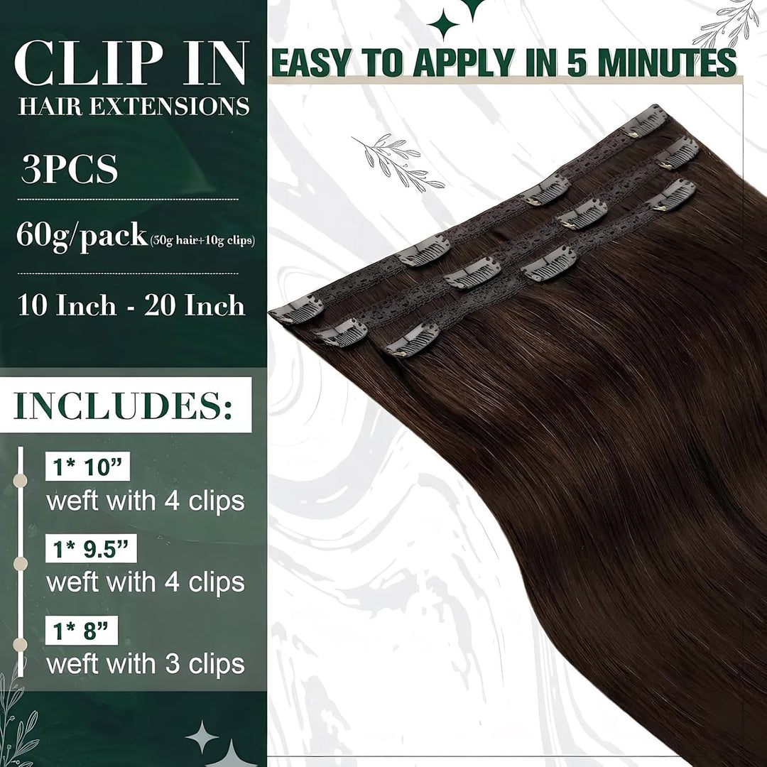 RUNATURE Echthaar Extensions Clip Braun Haarverlängerung 25cm Gerade Clip in Extensions Echthaar Dun