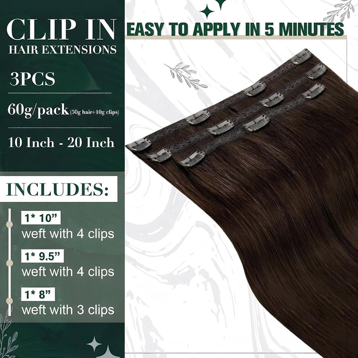 RUNATURE Echthaar Extensions Clip Braun Haarverlängerung 25cm Gerade Clip in Extensions Echthaar Dun