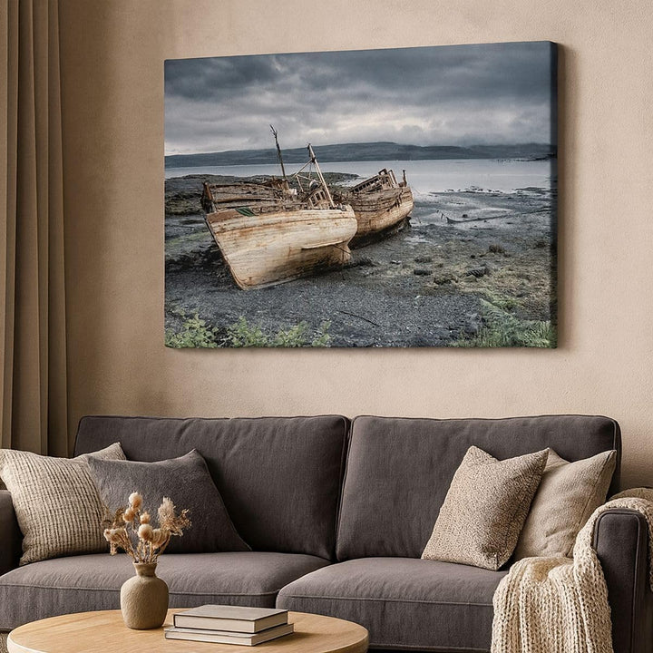 Bilder auf Leinwand 100x70cm Leinwandbild mit Rahmen Boot Wrack Ufer Gross Wanddeko Bild Schlafzimme