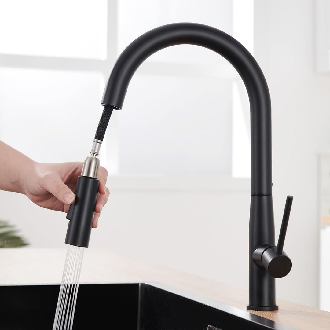 Auralum Wasserhahn Küche Schwarz, Hochdruck Küchenarmatur mit Brause Ausziehbar, Schwarz Armatur Küc