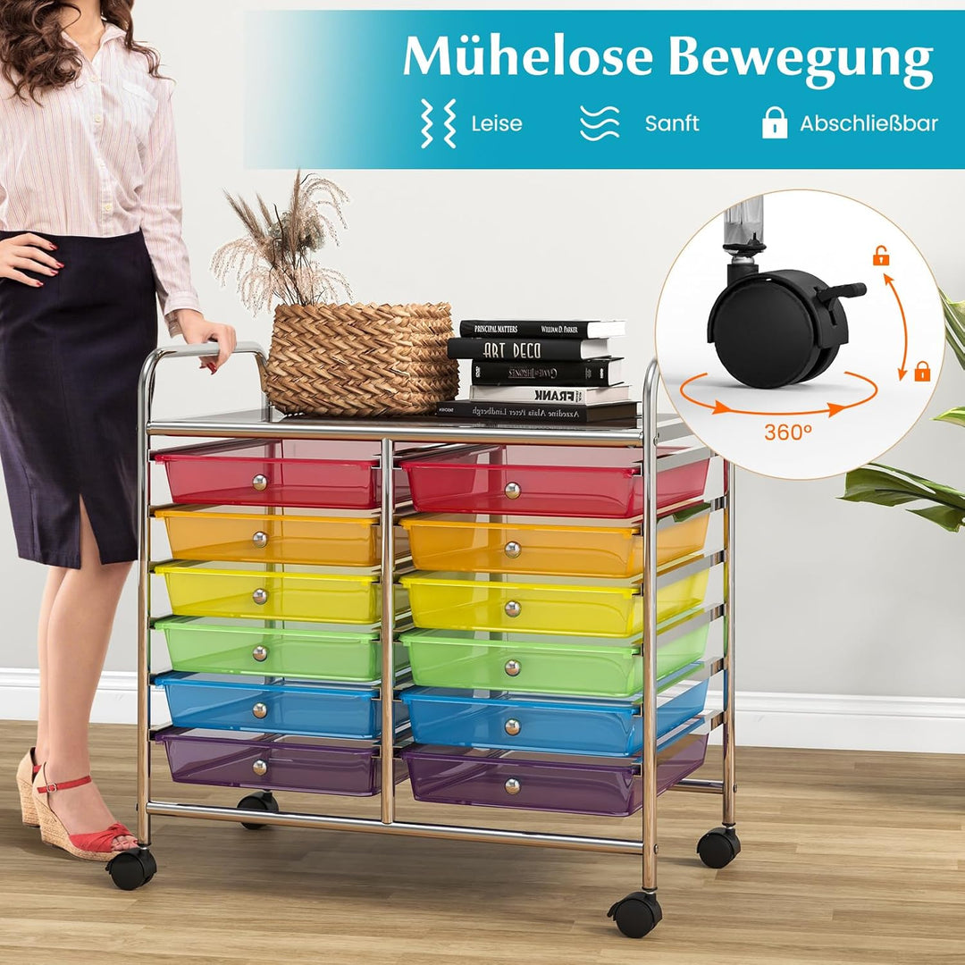 COSTWAY Rollwagen mit 12 stapelbaren Schubladen, Schubladenwagen Rollcontainer mit Metallgestell & A