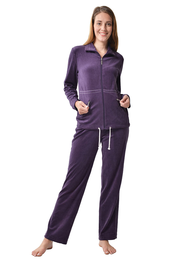 RAIKOU Damen Nicki Hausanzug mit Reissverschluss Velours Freizeitanzug Trainingsanzug 44-46 Dunkel L