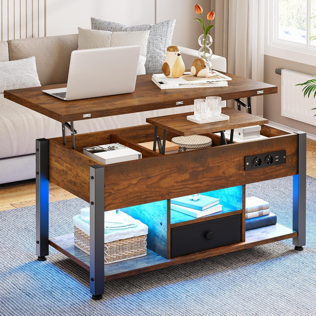 YITAHOME Couchtisch mit Höhenverstellbarer, 4-in-1-Multifunktions-Couchtisch mit Stauraum und LED Be